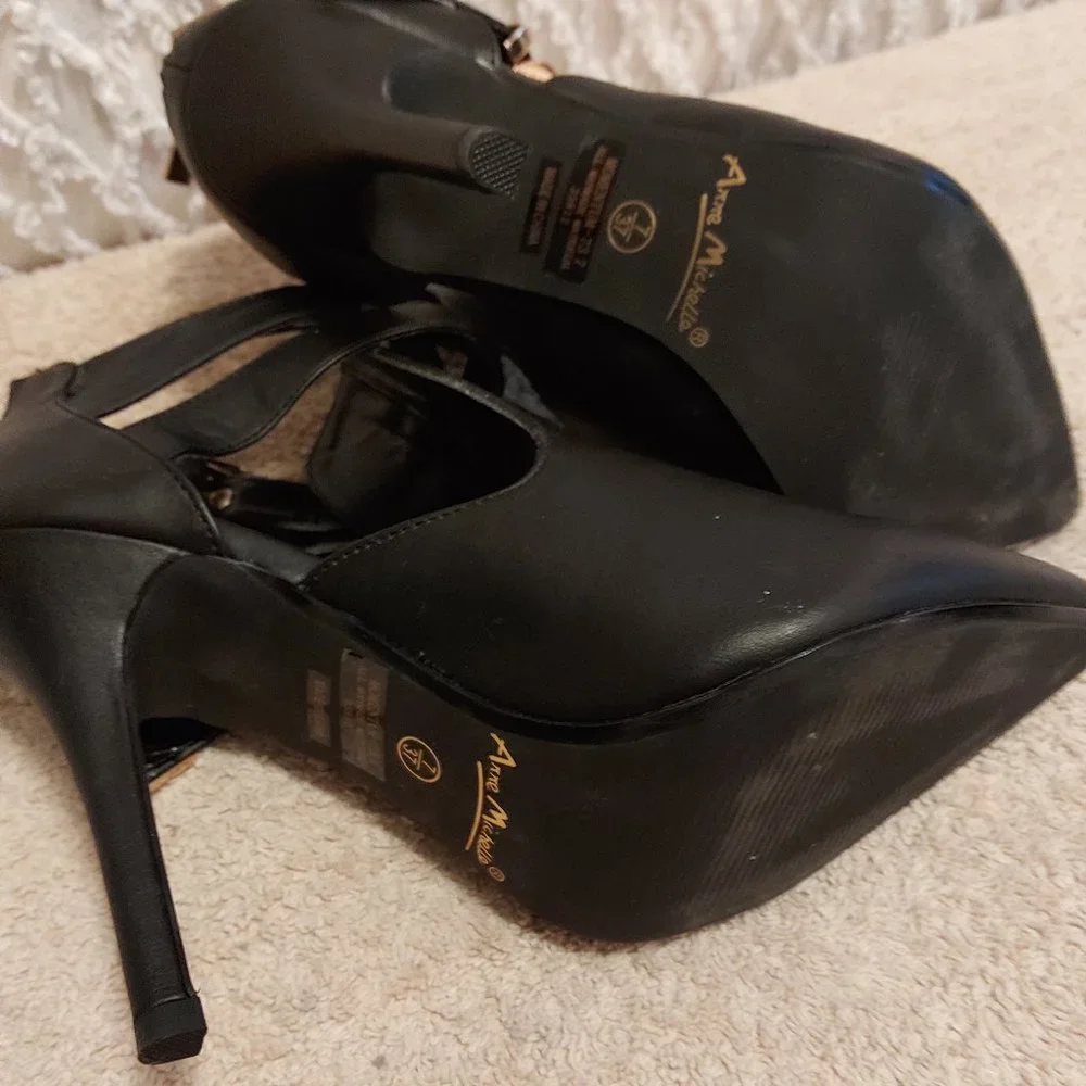 Gold Studded Double Ankle Strap Bootie Heels, Back Zip - Picture 6 of 8